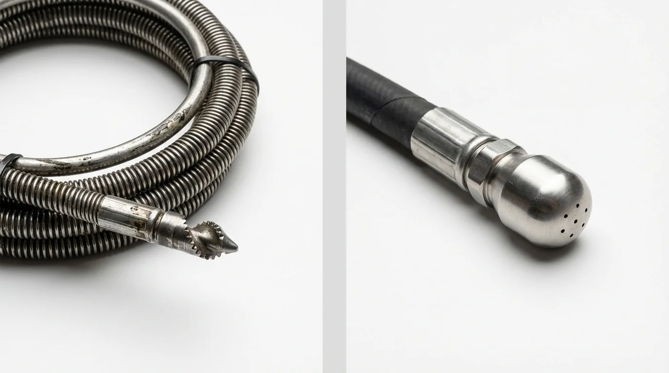 Drain snake cable and hydro jetting nozzle used for drain cleaning in Worthington, IN