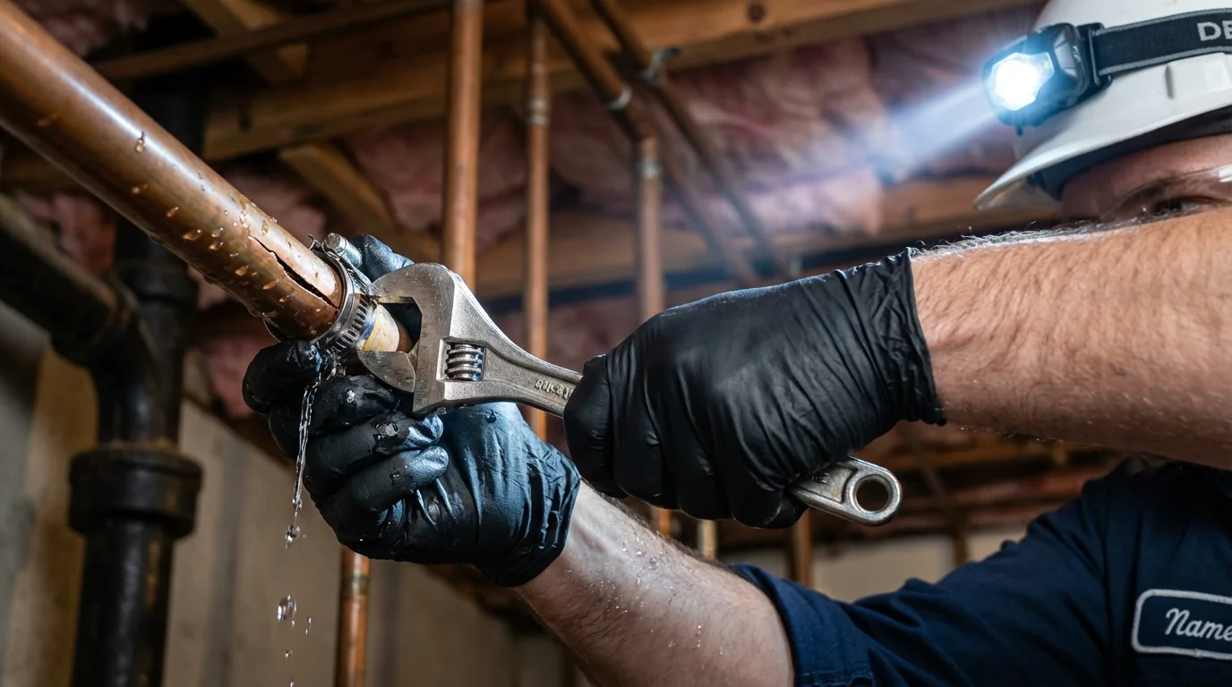 Emergency pipe clamp repair being performed by a Johns Plumbing LLC plumber in Worthington
