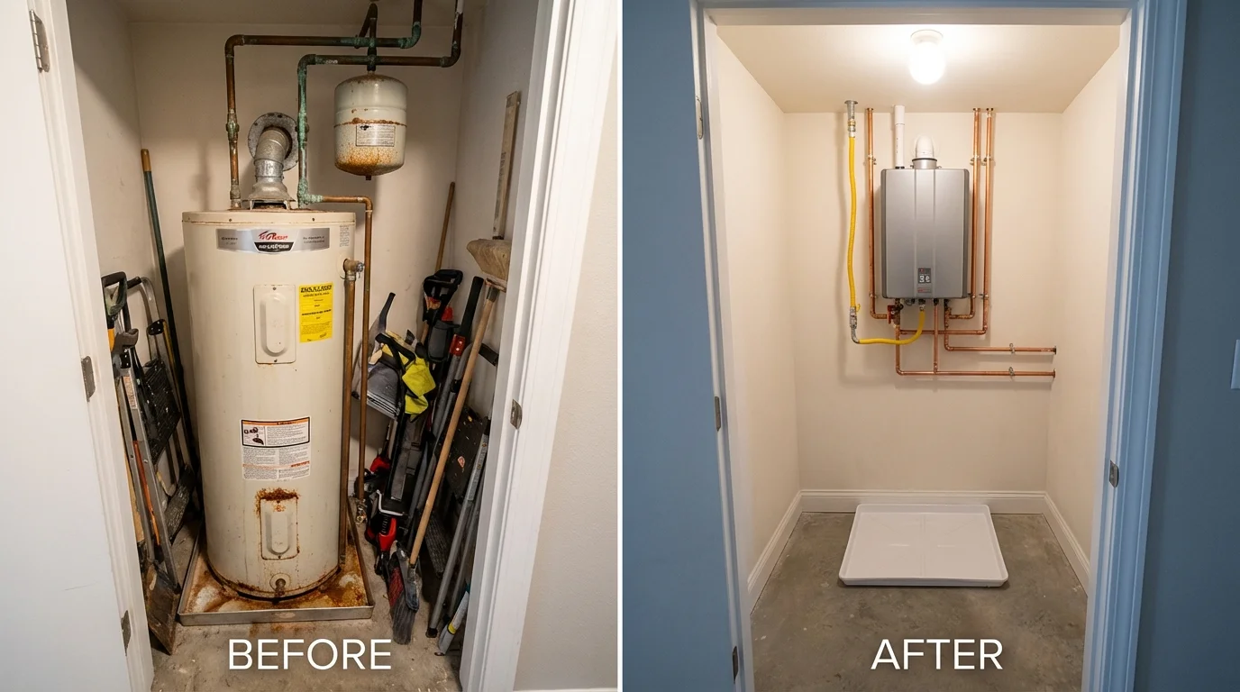 Tank water heater versus wall-mounted tankless unit comparison for Worthington, IN homeowners