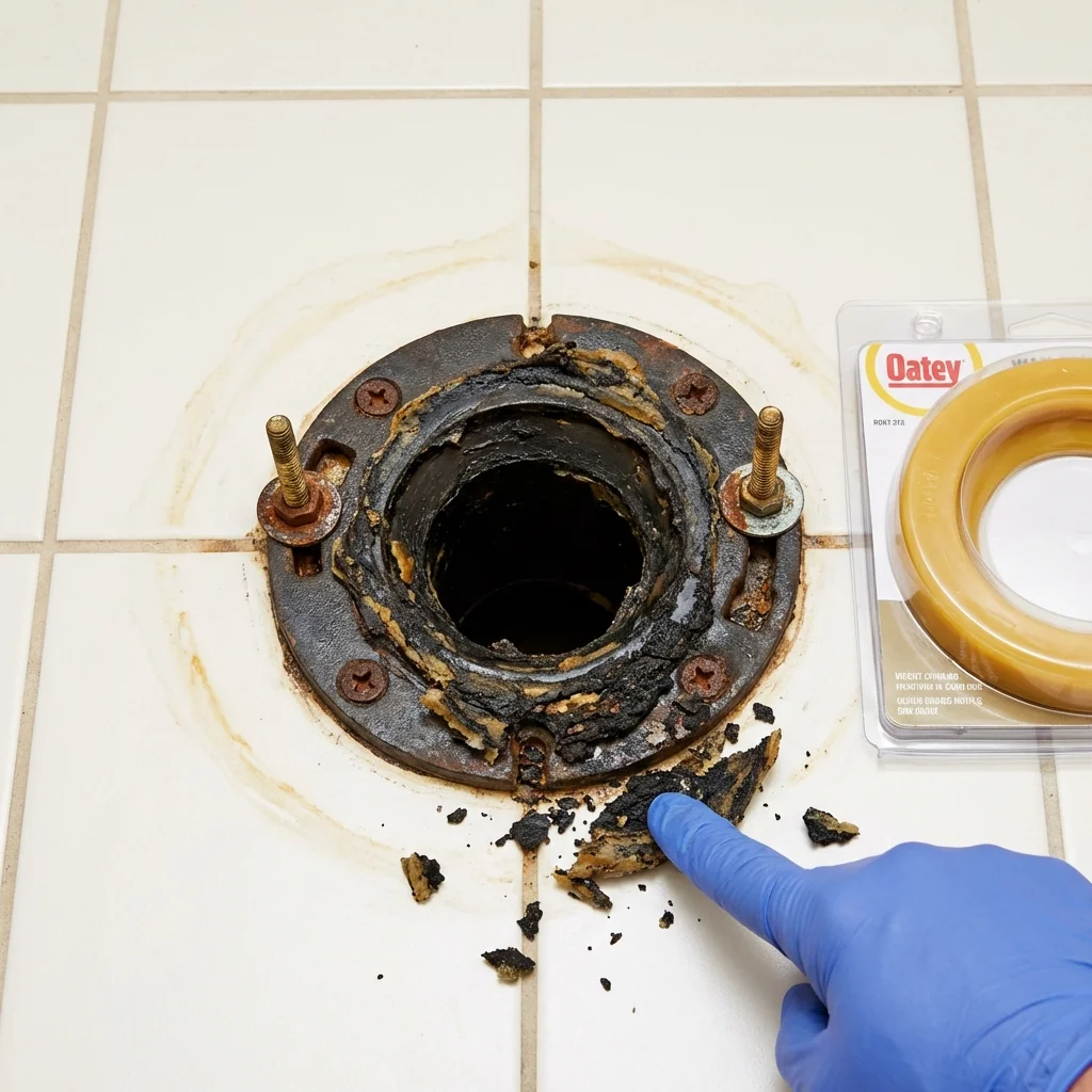 Failed wax ring showing water seepage at the base of a toilet in a Worthington, IN home