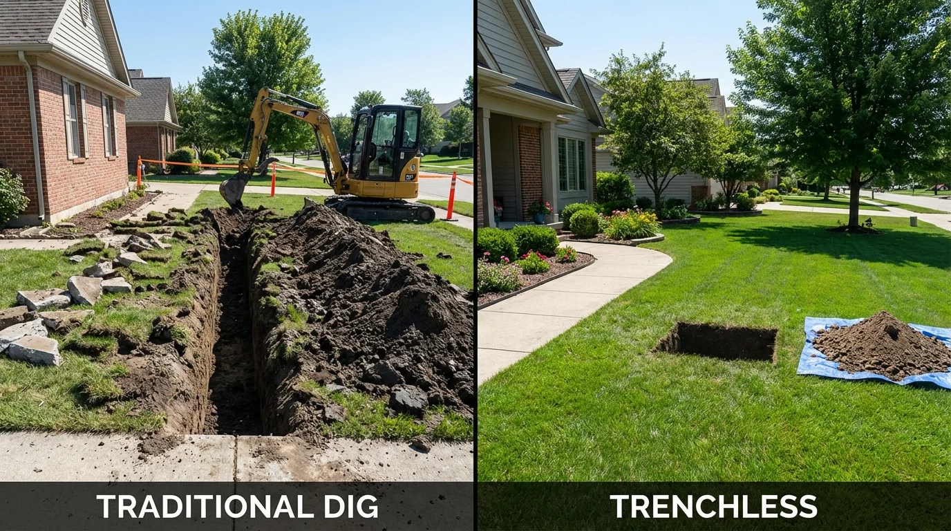 Trenchless sewer repair with minimal yard damage versus traditional excavation in Worthington, IN