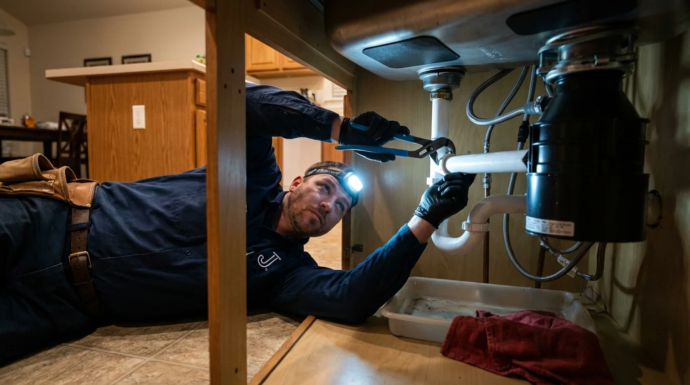 P-trap and supply line connections under a kitchen sink showing a common leak point in Worthington, IN